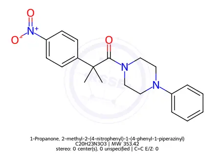 Chemical structure of 1-Propanone, 2-methyl-2-(4-nitrophenyl)-1-(4-phenyl-1-piperazinyl)-