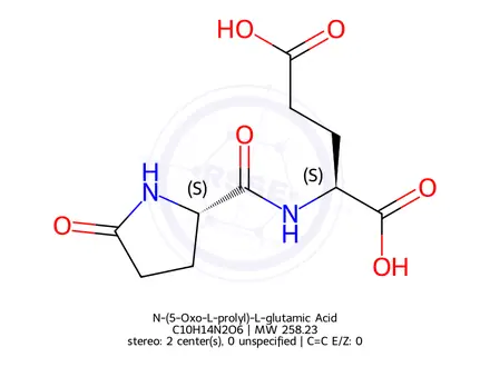Chemical structure of N-(5-Oxo-L-prolyl)-L-glutamic Acid