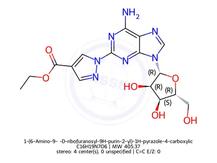 Chemical structure of 1-(6-Amino-9-β-D-ribofuranosyl-9H-purin-2-yl)-1H-pyrazole-4-carboxylic AcidEthyl Ester