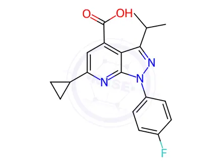 Chemical structure of 6-cyclopropyl-1-(4-fluorophenyl)-3-isopropyl-1H-pyrazolo[3,4-b]pyridine-4-carboxylic acid