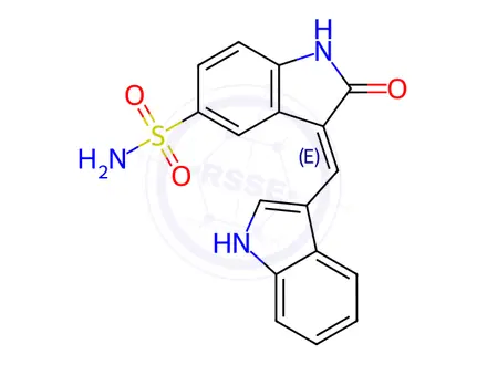 Chemical structure of 2,3-Dihydro-3-(1H-indol-3-ylmethylene)-2-oxo-1H-indole-5-sulfonamide