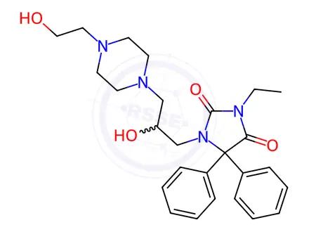 Chemical structure of 1-(4-(2-Hydroxyethyl)-1-piperazine-2-propanolo)-3-ethyl-5,5-diphenylhy dantoin 2HCl hydrate
