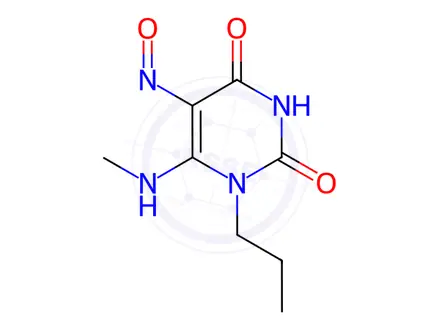 Chemical structure of 2,4(1H,3H)-Pyrimidinedione, 6-(methylamino)-5-nitroso-1-propyl-(9CI)