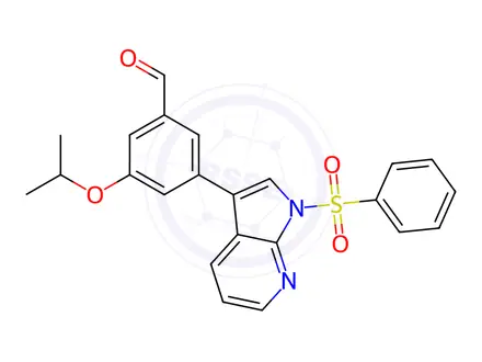 Chemical structure of Benzaldehyde, 3-(1-methylethoxy)-5-[1-(phenylsulfonyl)-1H-pyrrolo[2,3-b]pyridin-3-yl]-