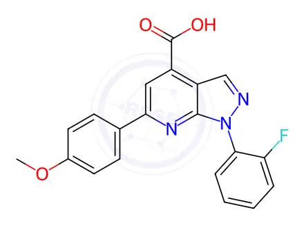 Chemical structure of 1-(2-fluorophenyl)-6-(4-methoxyphenyl)-1H-pyrazolo[3,4-b]pyridine-4-carboxylic acid