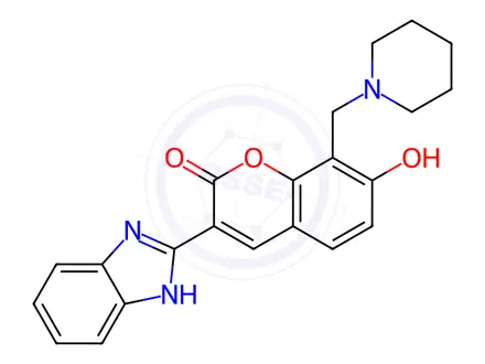 Chemical structure of 3-(1H-benzo[d]imidazol-2-yl)-7-hydroxy-8-(piperidin-1-ylmethyl)-2H-chromen-2-one