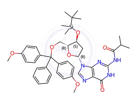 Chemical structure of Guanosine, 5'-O-[bis(4-methoxyphenyl)phenylmethyl]-2'-deoxy-3'-O-[(1,1-dimethylethyl)dimethylsilyl]-N-(2-methyl-1-oxopropyl)-