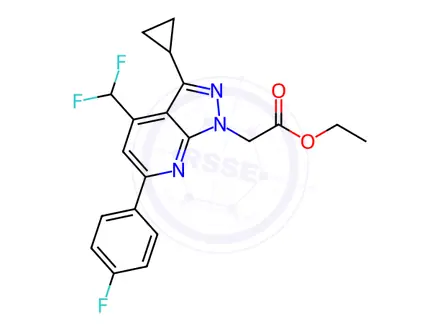 Chemical structure of Ethyl 2-(3-cyclopropyl-4-(difluoromethyl)-6-(4-fluorophenyl)-1H-pyrazolo[3,4-b]pyridin-1-yl)acetate