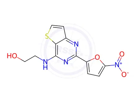 Chemical structure of 4-[(2-Hydroxyethyl)amino]-2-(5-nitro-2-furyl)thieno[3,2-d]pyrimidine