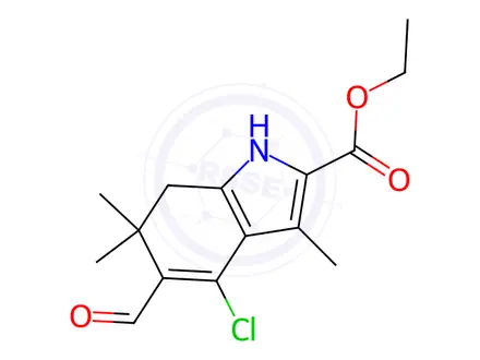 Chemical structure of 4-Chloro-5-formyl-3,6,6-trimethyl-6,7-dihydro-1H-indole-2-carboxylic acid ethyl ester