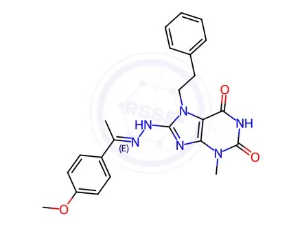 Chemical structure of 8-{(2E)-2-[1-(4-methoxyphenyl)ethylidene]hydrazinyl}-3-methyl-7-(2-phenylethyl)-3,7-dihydro-1H-purine-2,6-dione