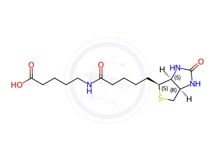 Chemical structure of Pentanoic acid, 5-[[5-[(3aS,4S,6aR)-hexahydro-2-oxo-1H-thieno[3,4-d]imidazol-4-yl]-1-oxopentyl]amino]-