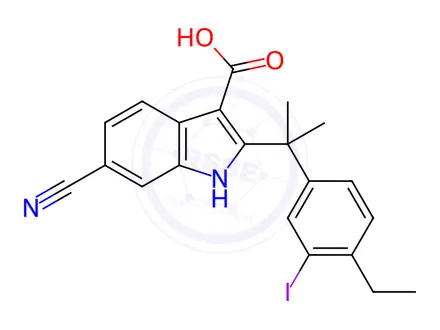 Chemical structure of 6-Cyano-2-(2-(4-ethyl-3-iodophenyl)propan-2-yl)-1H-indole-3-carboxylic acid