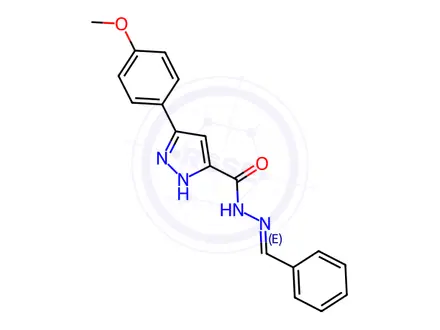 Chemical structure of (E)-N-benzylidene-3-(4-methoxyphenyl)-1H-pyrazole-5-carbohydrazide