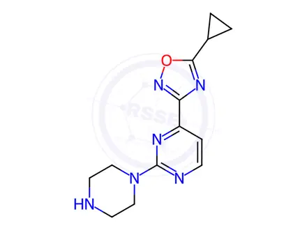 Chemical structure of 4-(5-Cyclopropyl-1,2,4-oxadiazol-3-yl)-2-piperazin-1-ylpyrimidine dihydrochloride
