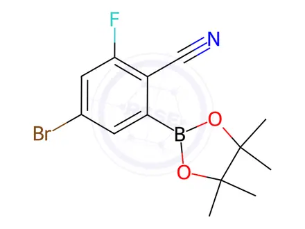 Chemical structure of 4-Bromo-2-fluoro-6-(4,4,5,5-tetramethyl-1,3,2-dioxaborolan-2-yl)benzonitrile
