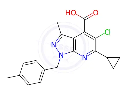 Chemical structure of 5-chloro-6-cyclopropyl-3-methyl-1-(4-methylbenzyl)-1H-pyrazolo[3,4-b]pyridine-4-carboxylic acid