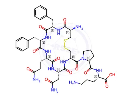 Chemical structure of vasopressin, 9-des-Gly-(2-Phe-8-Orn)-
