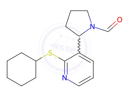 Chemical structure of 2-(2-(Cyclohexylthio)pyridin-3-yl)pyrrolidine-1-carbaldehyde
