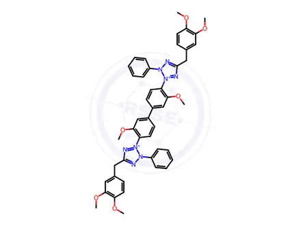 Chemical structure of 5-[(3,4-Dimethoxyphenyl)methyl]-2-[4-[4-[5-[(3,4-dimethoxyphenyl)methyl]-3-phenyltetrazol-2-ium-2-yl]-3-methoxyphenyl]-2-methoxyphenyl]-3-phenyltetrazol-2-ium Dichloride