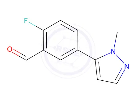 Chemical structure of Benzaldehyde, 2-fluoro-5-(1-methyl-1H-pyrazol-5-yl)-