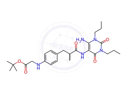 Chemical structure of Glycine, N-[4-[3-[(6-amino-1,2,3,4-tetrahydro-2,4-dioxo-1,3-dipropyl-5-pyrimidinyl)amino]-2-methyl-3-oxopropyl]phenyl]-, 1,1-dimethylethyl ester