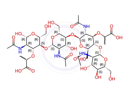 Chemical structure of O-2-(Acetylamino)-2-deoxy-β-D-glucopyranosyl-(1→4)-O-(N-acetyl-β-muramosyl)-(1→4)-O-2-(acetylamino)-2-deoxy-β-D-glucopyranosyl-(1→4)-N-acetylmuramic Acid
