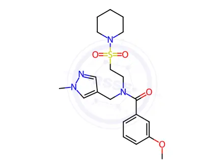 Chemical structure of 3-Methoxy-N-[(1-methyl-1H-pyrazol-4-yl)methyl]-N-[2-(piperidin-1-ylsulfonyl)ethyl]benzamide