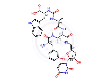 Chemical structure of L-Tryptophan, N-[[[(1S)-2-[[(1S,2S)-2-[[(2S)-2-amino-3-(3-hydroxyphenyl)-1-oxopropyl]methylamino]-1-[[[(Z)-[(4R,5R)-5-(3,4-dihydro-2,4-dioxo-1(2H)-pyrimidinyl)dihydro-4-hydroxy-2(3H)-furanylidene]methyl]amino]carbonyl]propyl]amino]-1-methyl-2-oxoethyl]amino]carbonyl]-