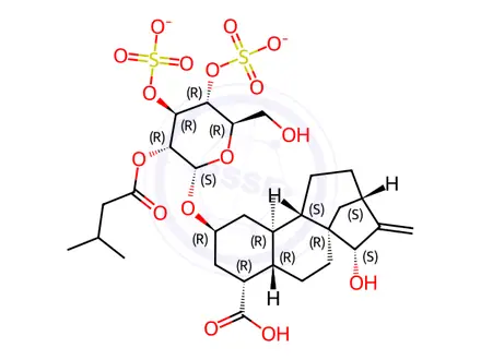 Chemical structure of (2|A,4|A,15|A)-15-Hydroxy-2-[[2-O-(3-methyl-1-oxobutyl)-3,4-di-O-sulfo-|A-D-glucopyranosyl]oxy]-19-norkaur-16-en-18-oic Acid Disodium Salt 100938-11-2 Atractylic Acid Disodium Salt Atractylin Sodium Salt Atractyloside Disodium Salt Discontinued Sodium Atractylate