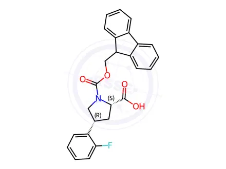 Chemical structure of (2S,4R)-1-(((9H-fluoren-9-yl)methoxy)carbonyl)-4-(2-fluorophenyl)pyrrolidine-2-carboxylic acid