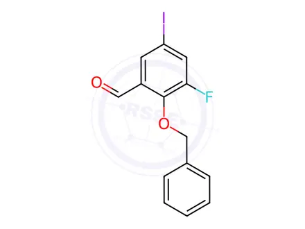 Chemical structure of Benzaldehyde, 3-fluoro-5-iodo-2-(phenylmethoxy)-