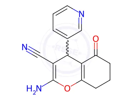 Chemical structure of 2-amino-5-oxo-4-pyridin-3-yl-5,6,7,8-tetrahydro-4H-chromene-3-carbonitrile