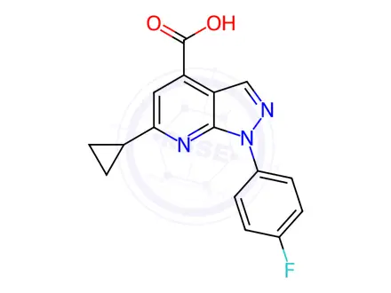 Chemical structure of 6-cyclopropyl-1-(4-fluorophenyl)-1H-pyrazolo[3,4-b]pyridine-4-carboxylic acid
