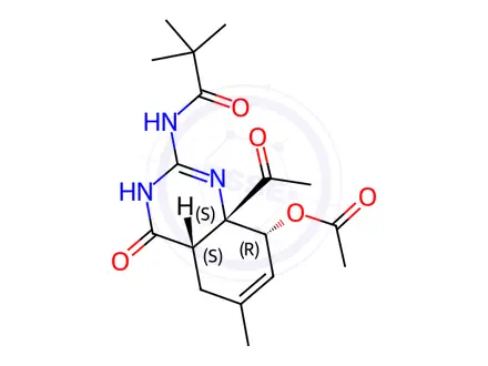 Chemical structure of (4AS,8R,8aS)-8a-acetyl-6-methyl-4-oxo-2-pivalamido-1,4,4a,5,8,8a-hexahydroquinazolin-8-yl acetate