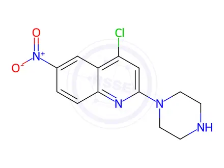 Chemical structure of 4-Chloro-6-nitro-2-(piperazin-1-yl)quinoline