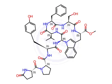 Chemical structure of L-Tryptophan, L-valyl-L-phenylalanyl-L-seryl-1-[carboxy[(5-oxo-L-prolyl-L-prolyl-L-tyrosyl)amino]methyl]-, (4→1)-lactam