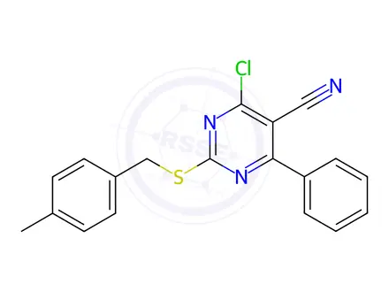 Chemical structure of 4-Chloro-2-((4-methylbenzyl)thio)-6-phenylpyrimidine-5-carbonitrile