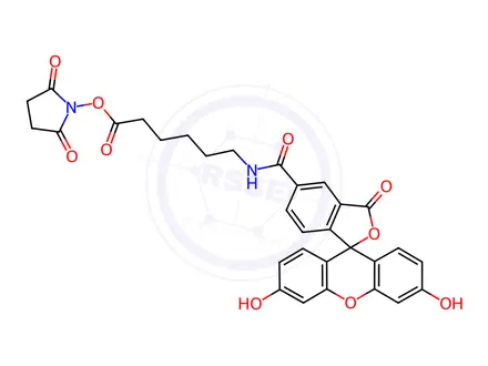 Chemical structure of 6-(Fluorescein-5-carboxamido)hexanoic Acid Succinimidyl Ester