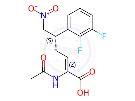 Chemical structure of 2-Hexenoic acid, 2-(acetylamino)-5-(2,3-difluorophenyl)-6-nitro-, compd. with N,N-dibutyl-1-butanamine (1:1), (2Z,5S)-