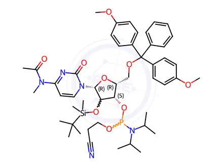 Chemical structure of Cytidine, N-?acetyl-?5'-?O-?[bis(4-?methoxyphenyl)?phenylmethyl]?-?2'-?O-?[(1,?1-?dimethylethyl)?dimethylsilyl]?-?N-?methyl-?, 3'-?[2-?cyanoethyl N,?N-?bis(1-?methylethyl)?phosphoramidite]