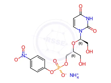 Chemical structure of Phosphoric acid, mono(2-(1-(3,4-dihydro-2,4-dioxo-1(2H)-pyrimidinyl)-2-hydroxyethoxy)-3-hydroxypropyl)mono(4-nitrophenyl) ester, monoammoniu m salt, (R-(R*,R*))-
