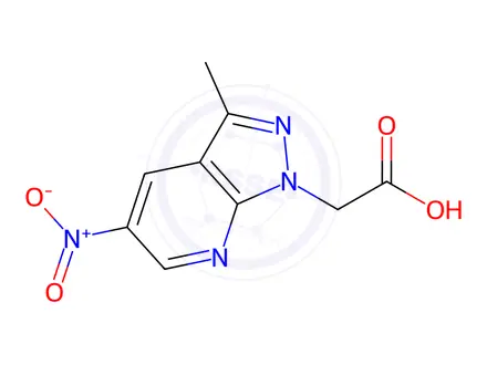 Chemical structure of 2-{3-methyl-5-nitro-1H-pyrazolo[3,4-b]pyridin-1-yl}acetic acid