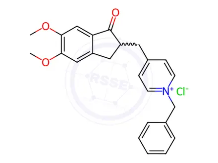 Chemical structure of Pyridinium, 4-[(2,3-dihydro-5,6-dimethoxy-1-oxo-1H-inden-2-yl)methyl]-1-(phenylmethyl)-, chloride (1:1)