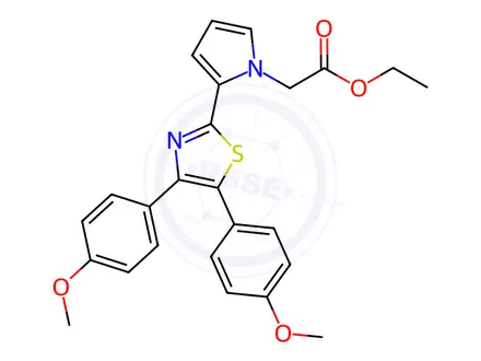 Chemical structure of Ethyl 2-(2-(4,5-bis(4-methoxyphenyl)thiazol-2-yl)-1H-pyrrol-1-yl)acetate