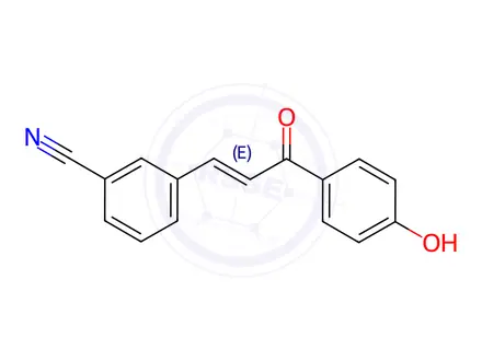 Chemical structure of Benzonitrile, 3-[3-(4-hydroxyphenyl)-3-oxo-1-propen-1-yl]-
