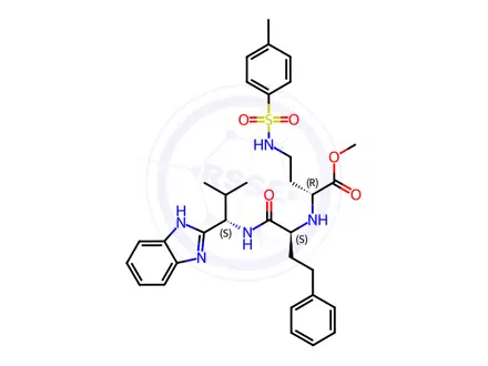 Chemical structure of Butanoic acid, 2-[[1-[[[1-(1H-benzimidazol-2-yl)-2-methylpropyl]amino]carbonyl]-3-phenylpropyl]amino]-4-[[(4-methylphenyl)sulfonyl]amino]-, methyl ester, [2R-[2R*[S*(S*)]]]-(9CI)