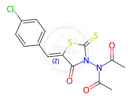 Chemical structure of (Z)-N-acetyl-N-(5-(4-chlorobenzylidene)-4-oxo-2-thioxothiazolidin-3-yl)acetamide