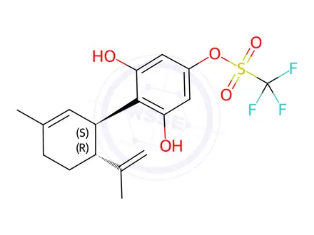 Chemical structure of Methanesulfonic acid, 1,1,1-trifluoro-, 3,5-dihydroxy-4-[(1R,6R)-3-methyl-6-(1-methylethenyl)-2-cyclohexen-1-yl]phenyl ester