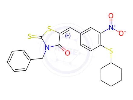 Chemical structure of (5E)-3-Benzyl-5-{[4-(cyclohexylsulfanyl)-3-nitrophenyl]methylidene}-2-sulfanylidene-1,3-thiazolidin-4-one